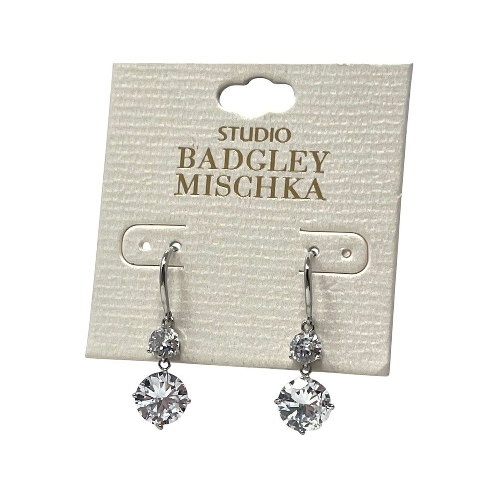 Studio Badgley Mischka Clear Crystal Double Drop Dangle Earrings Silver Tone